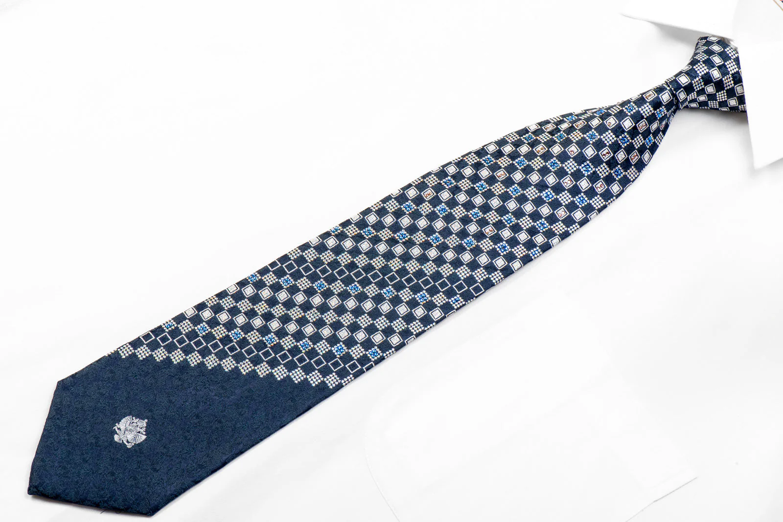 Renoma Rhinestone Tie Silver Navy Checkered With Silver Sparkles - Image 3