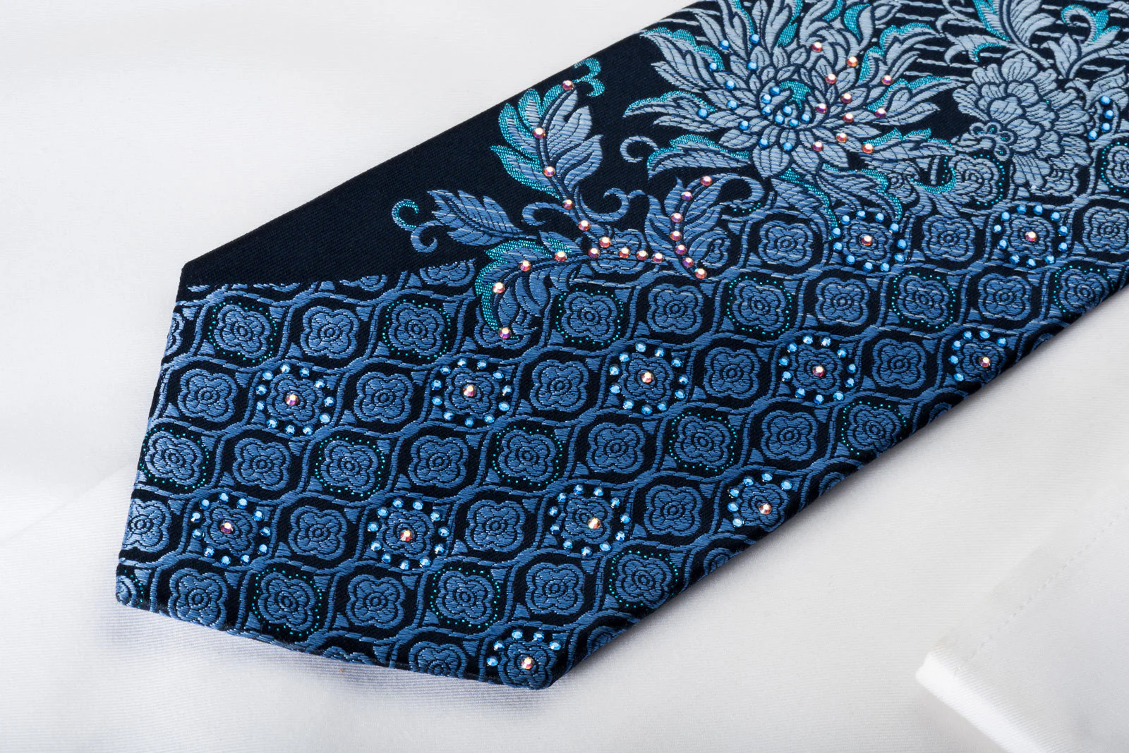 Renoma Rhinestone Woven Silk Necktie Floral On Blue With Blue Sparkles - Image 4