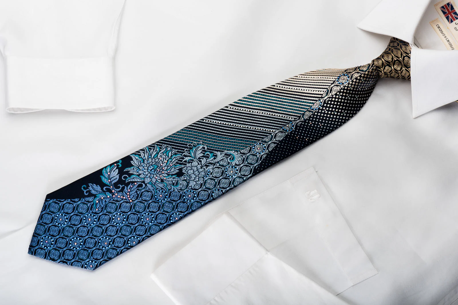 Renoma Rhinestone Woven Silk Necktie Floral On Blue With Blue Sparkles - Image 5