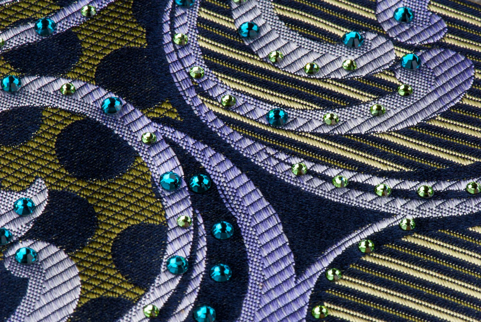 Renoma Rhinestones Silk Neck Tie Scrolls, Stripes & Dots On Olive Green - Image 9