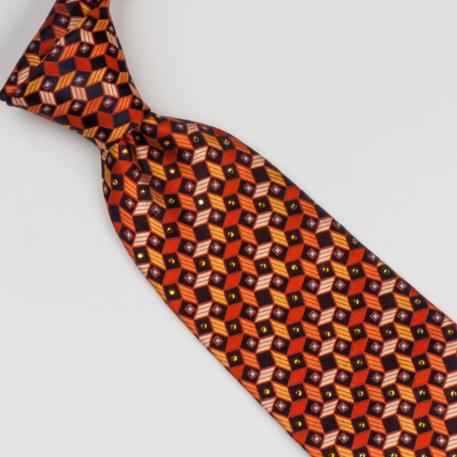 Renoma Silk Neck Tie Geometric Design In Brown Orange & Yellow With Rhinestones - Image 5