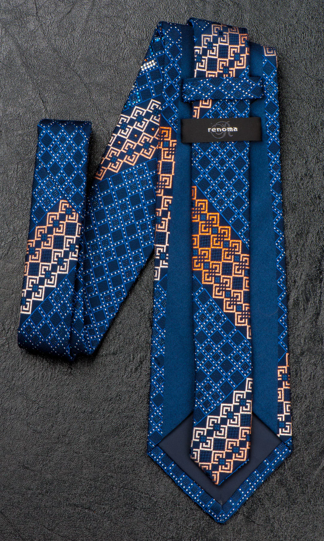 Renoma Silk NeckTie Blue Orange Geometric Design With Rhinestones 3 1/2 Inch - Image 2