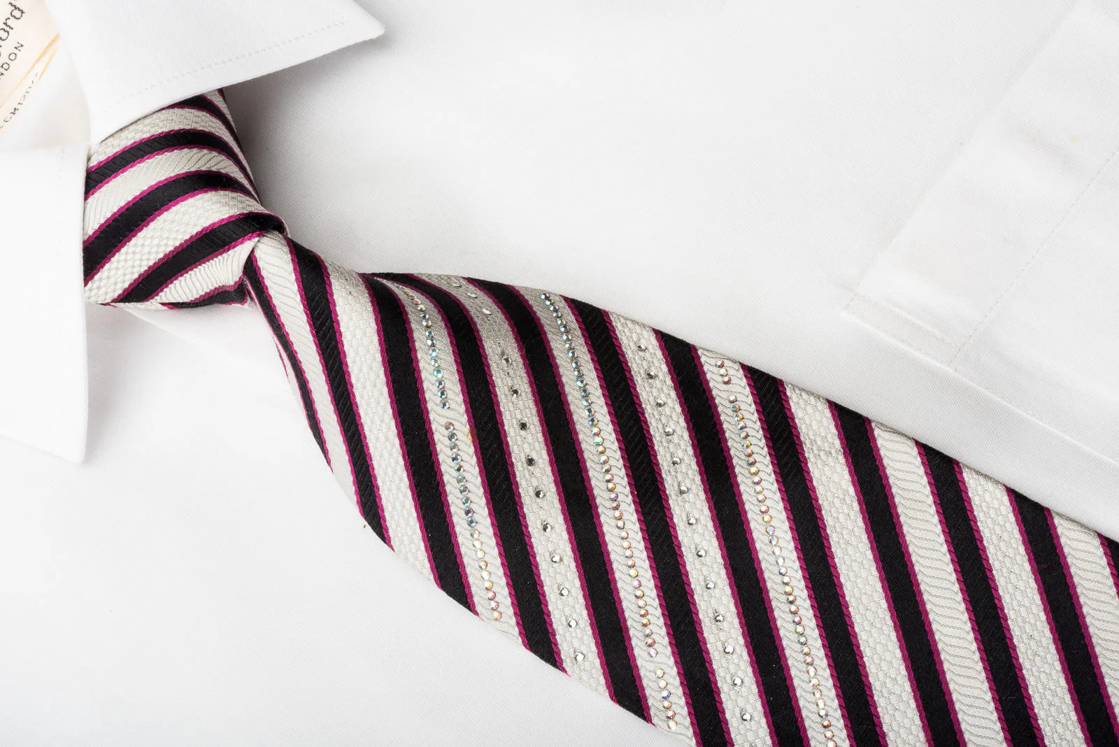 Renoma Silk Necktie Blue Red Striped On White With Rhinestones - Image 2