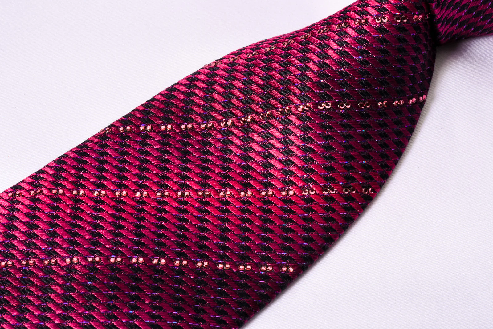 Renoma Silk Necktie Purple Striped Rhinestones On Purple With Silver Sparkles - Image 5
