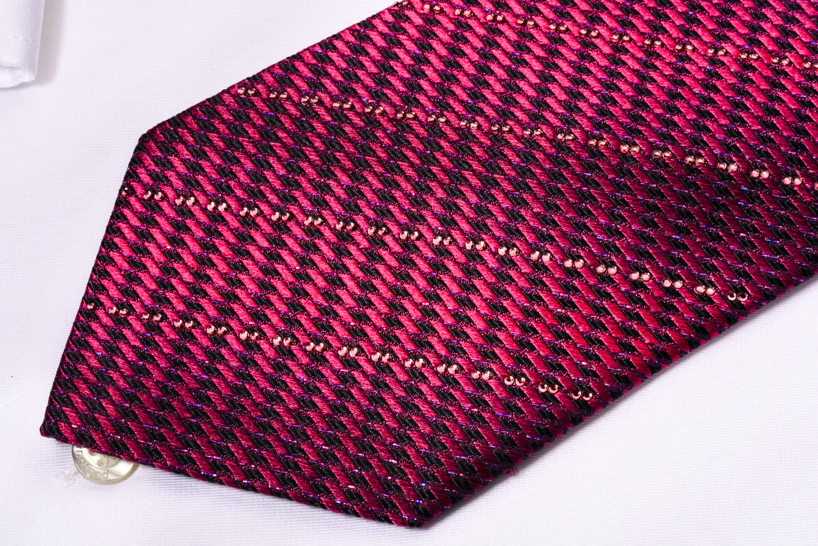 Renoma Silk Necktie Purple Striped Rhinestones On Purple With Silver Sparkles - Image 6