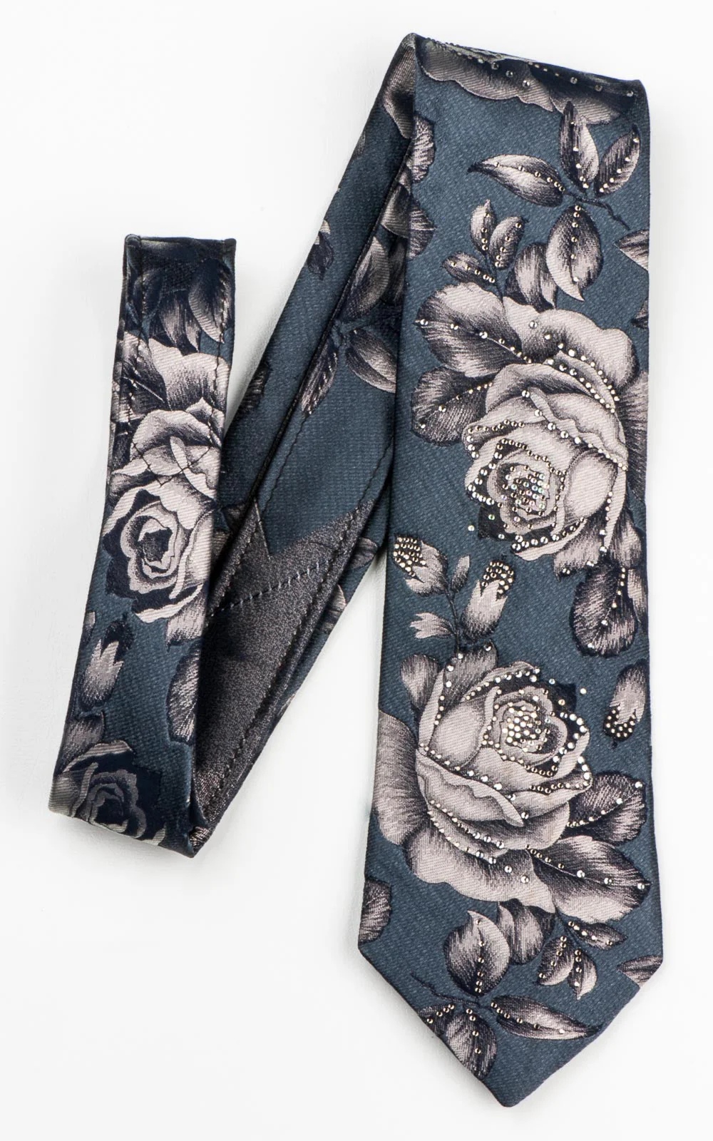 Renoma Silk Necktie Silver Floral Roses On Gray With White Rhinestones - Image 7