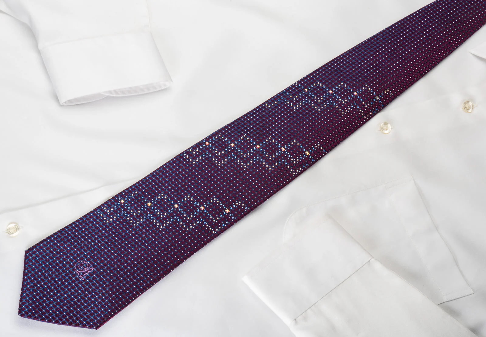 Renoma Silk Rhinestone Necktie Blue Trellis On Purple With Silver Sparkles - Image 4