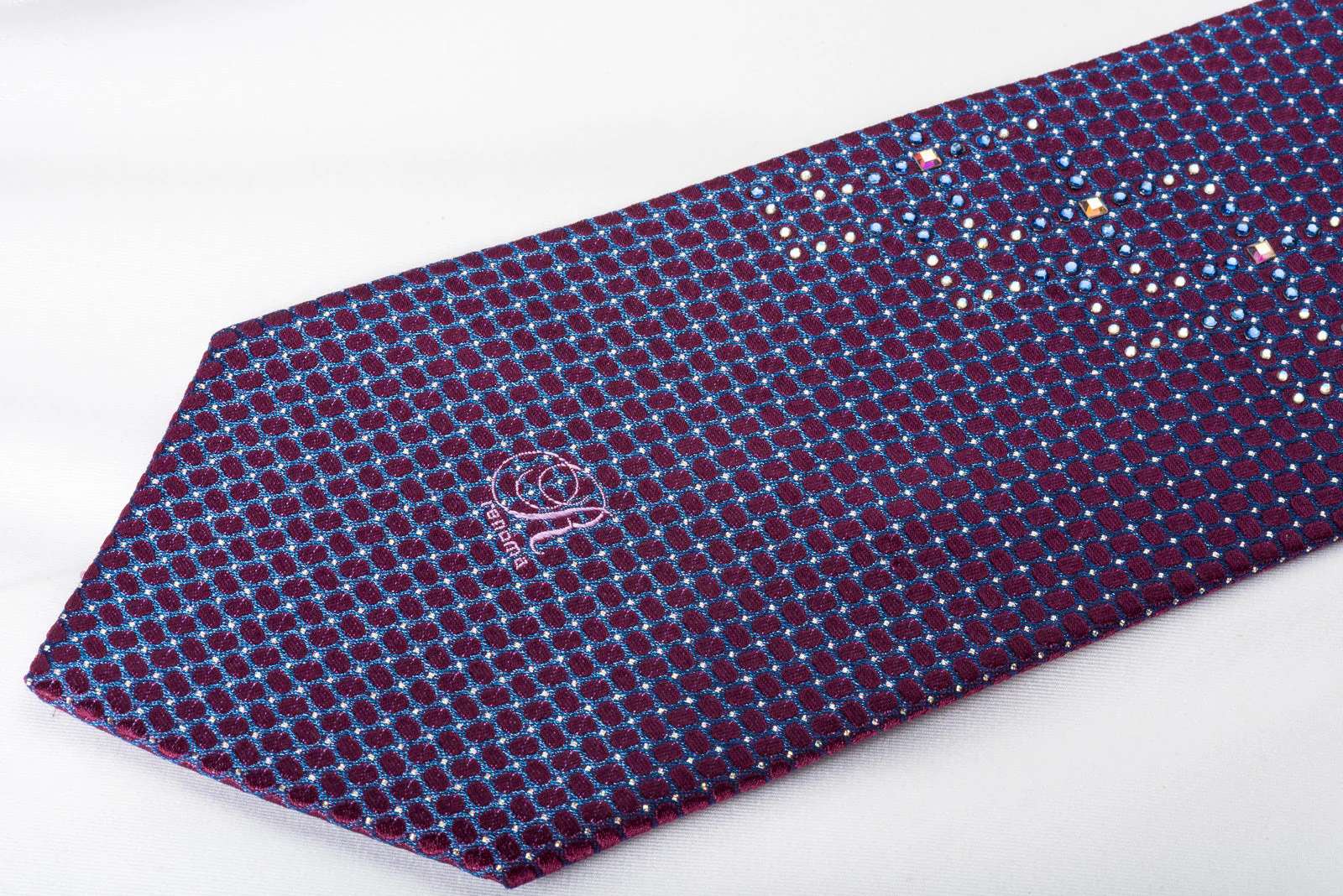 Renoma Silk Rhinestone Necktie Blue Trellis On Purple With Silver Sparkles - Image 5