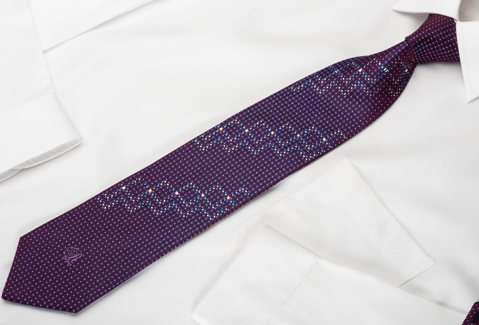 Renoma Silk Rhinestone Necktie Blue Trellis On Purple With Silver Sparkles - Image 6