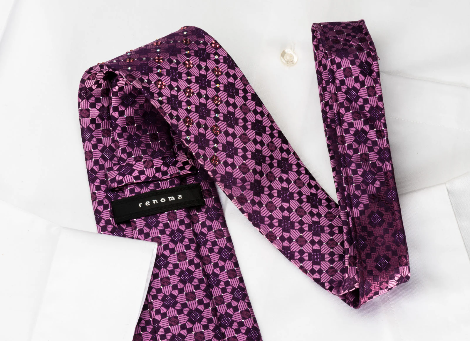 Renoma Silk Rhinestone Necktie Checker On Purple With Purple Sparkles - Image 6