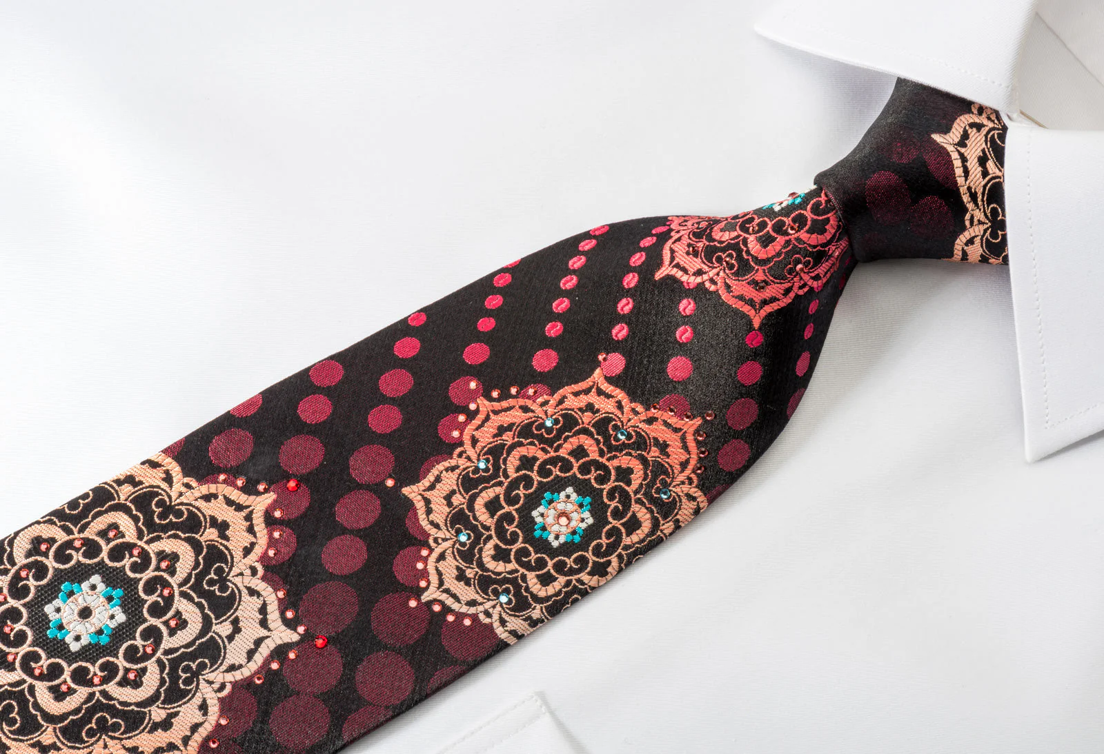 Renoma Silk Rhinestone Necktie Floral Medallions On Black Woven Silk - Image 3