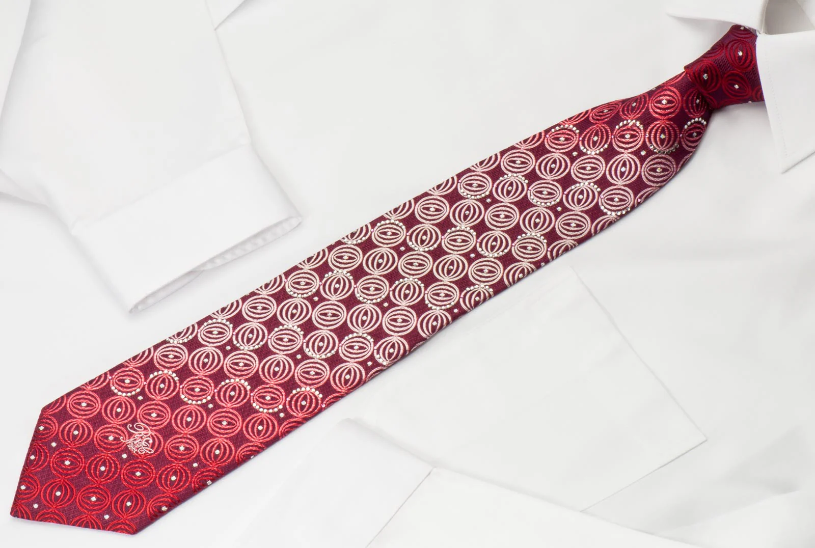 Renoma Silk Rhinestone Necktie Geometric Circles On Burgundy With Silver Sparkles - Image 2