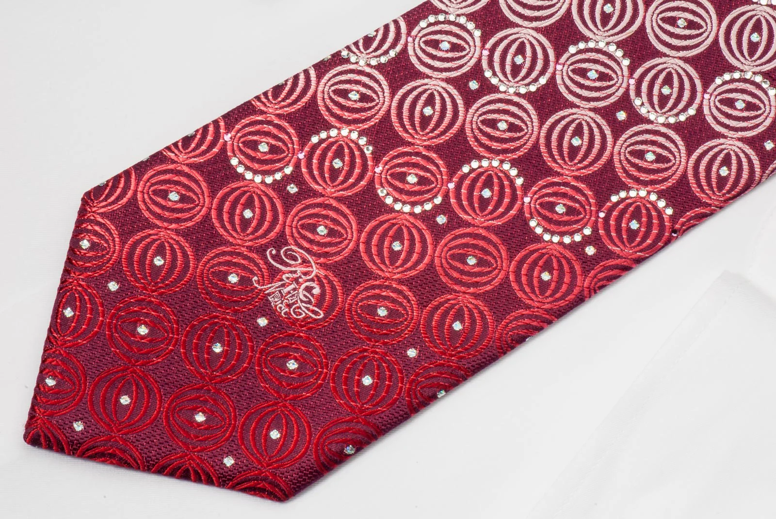 Renoma Silk Rhinestone Necktie Geometric Circles On Burgundy With Silver Sparkles - Image 4