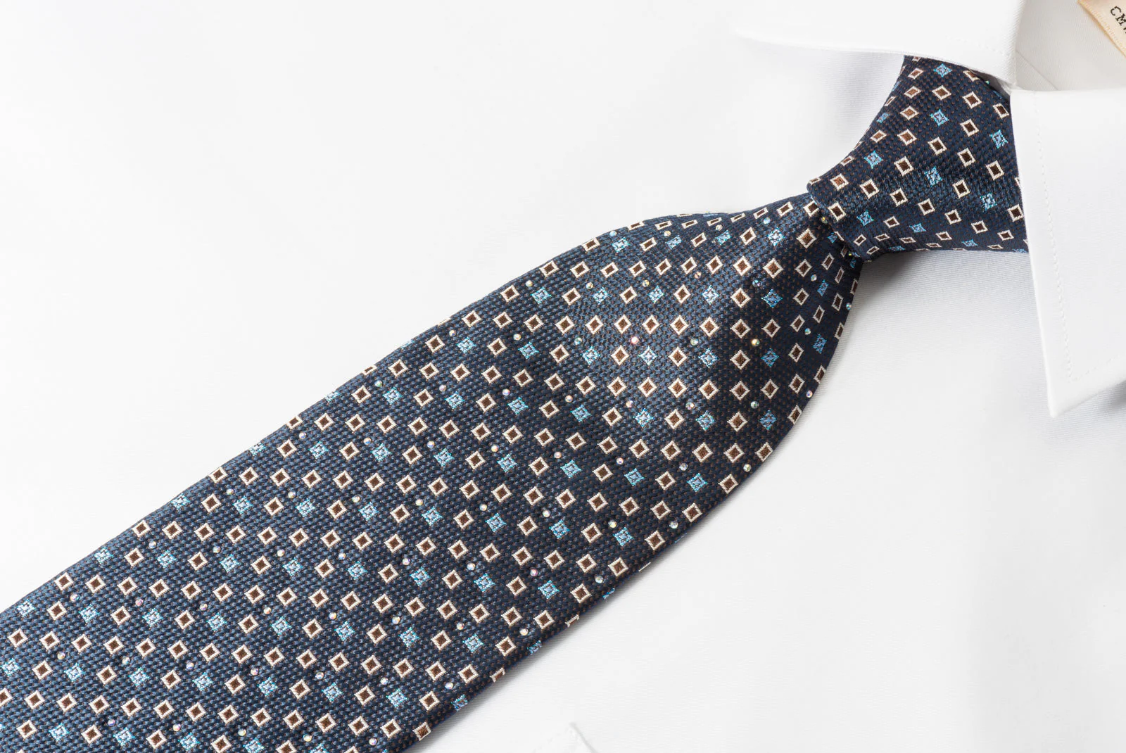 Renoma Silk Rhinestone Necktie Geometric Squares On Blue With Blue Sparkles - Image 2