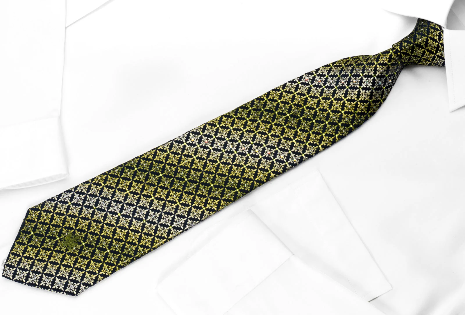 Renoma Silk Rhinestone Necktie Green Flur de Lis On Navy With Sparkles - Image 4