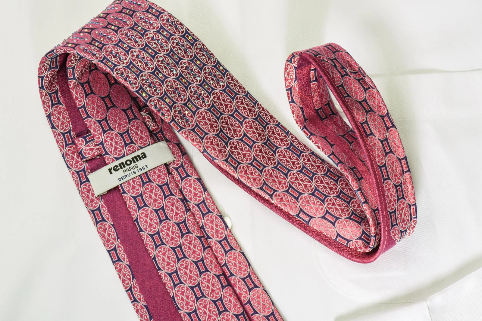 Renoma Silk Rhinestone Necktie Red Medallions On Blue Silk - Image 4