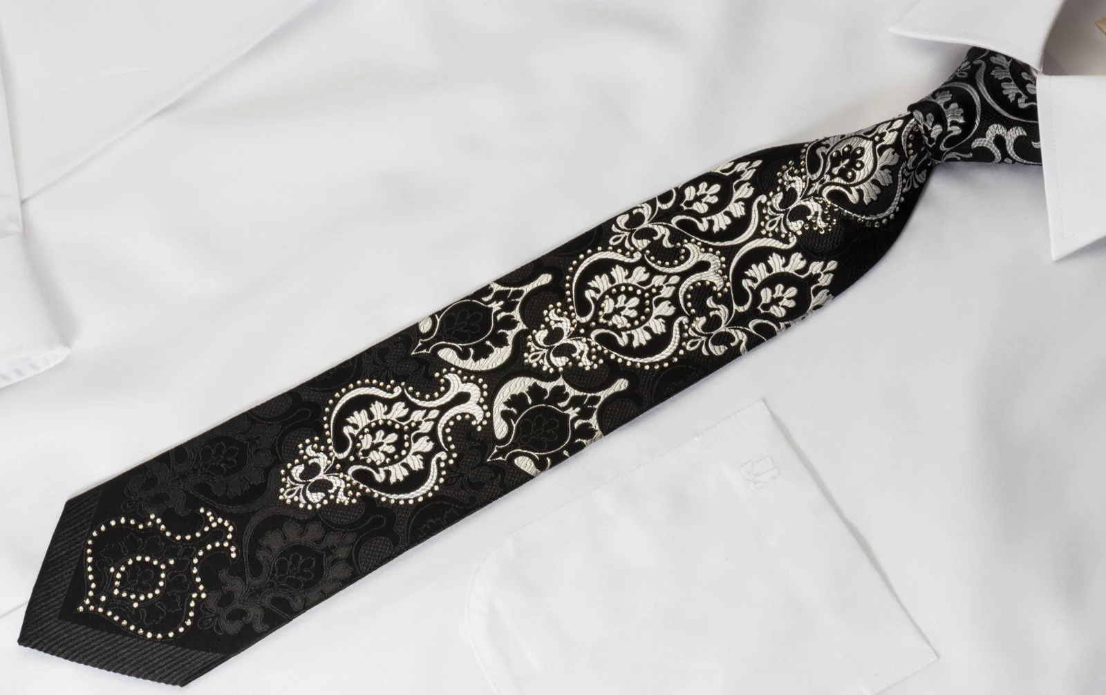 Renoma Silk Rhinestone Necktie Silver Damask On Black With Silver Sparkles - Image 2