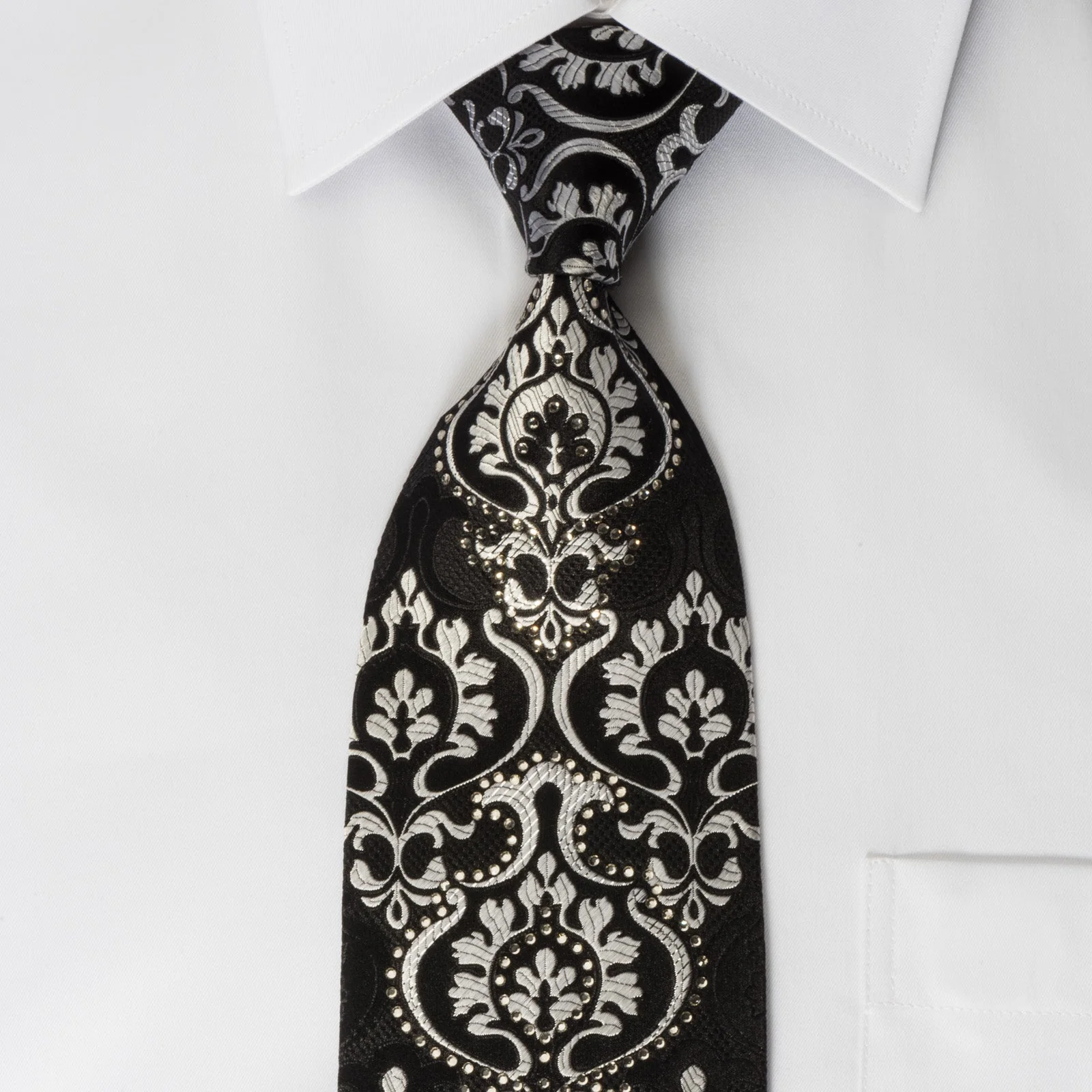 Renoma Silk Rhinestone Necktie Silver Damask On Black With Silver Sparkles - Image 3