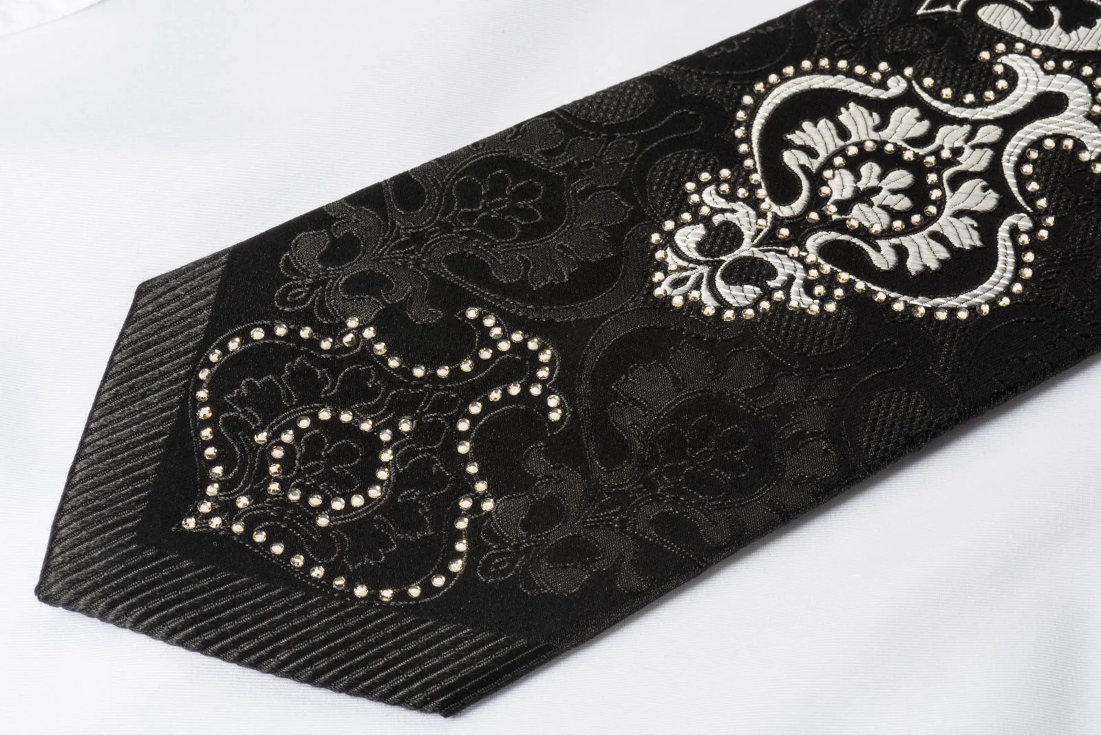 Renoma Silk Rhinestone Necktie Silver Damask On Black With Silver Sparkles - Image 4