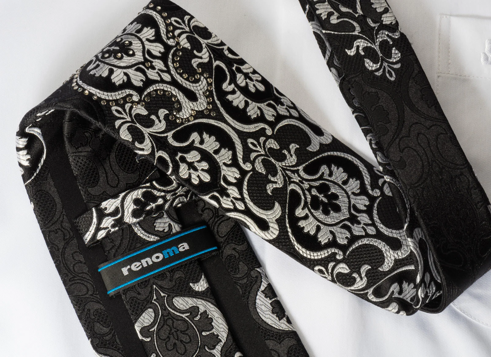 Renoma Silk Rhinestone Necktie Silver Damask On Black With Silver Sparkles - Image 5