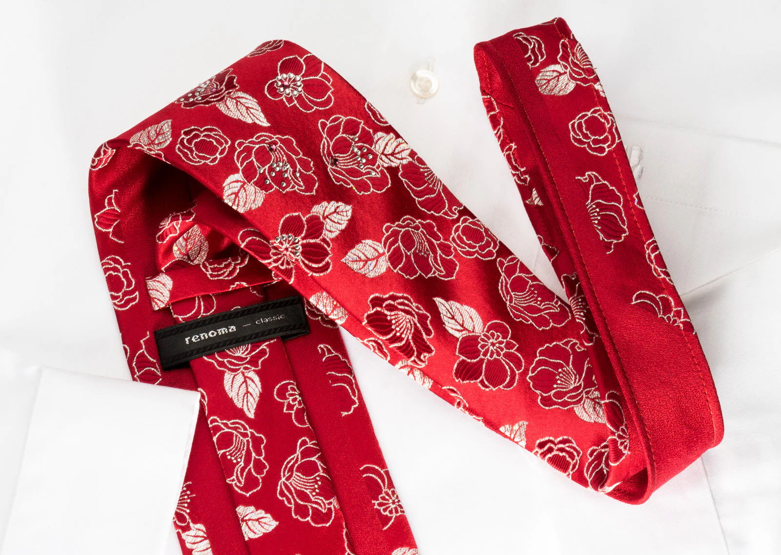 Renoma Silk Rhinestone Necktie Silver Floral Roses On Red With Silver Sparkles - Image 2