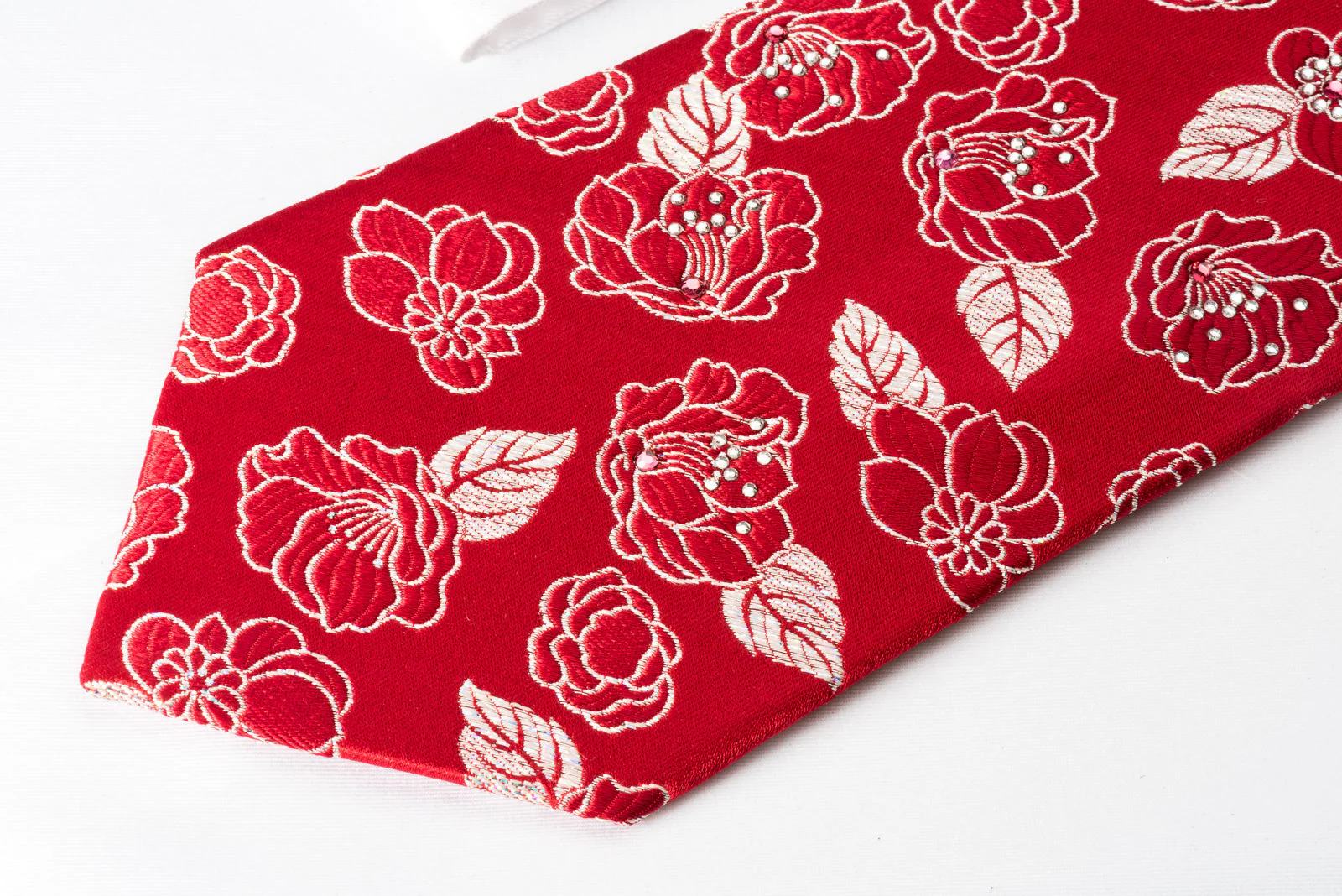Renoma Silk Rhinestone Necktie Silver Floral Roses On Red With Silver Sparkles - Image 3