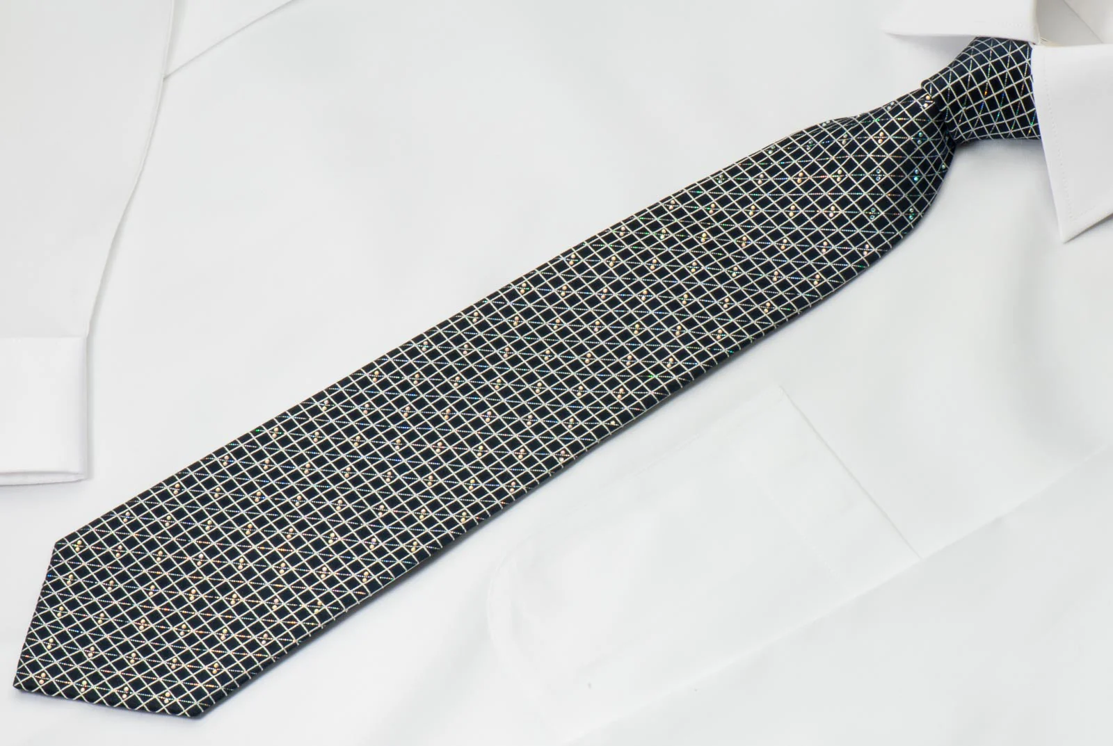 Renoma Silk Rhinestone Necktie Silver Mesh On Black With Diagonal Sparkles - Image 4