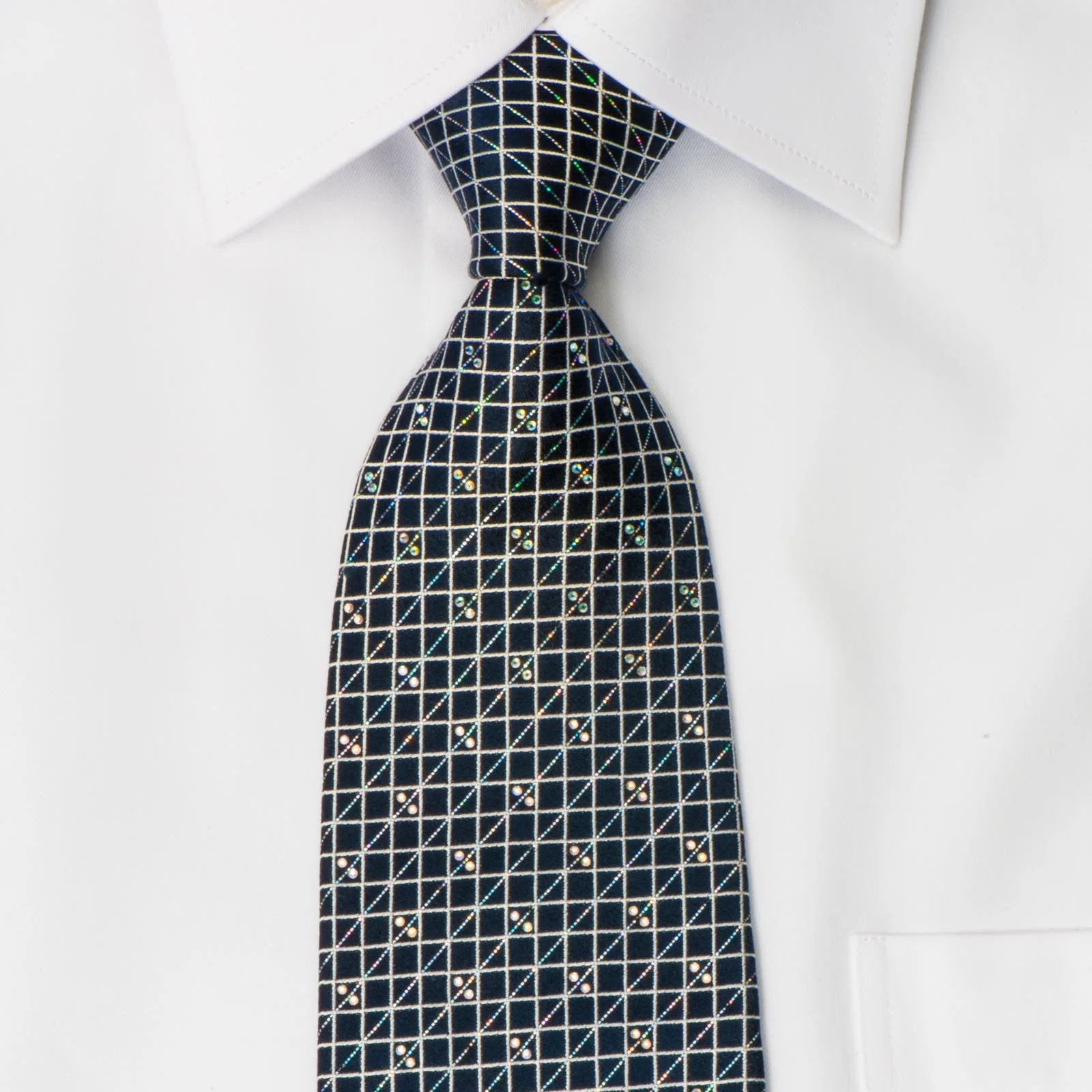 Renoma Silk Rhinestone Necktie Silver Mesh On Black With Diagonal Sparkles - Image 6