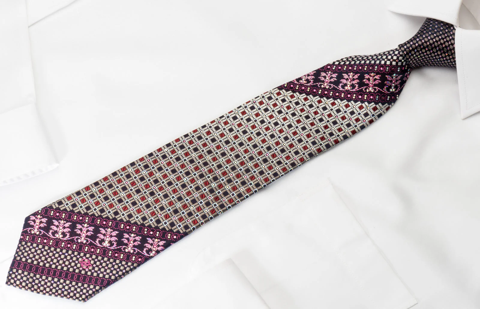 Renoma Silk Rhinestone Necktie Silver Trellis On Navy With Silver Sparkles - Image 2