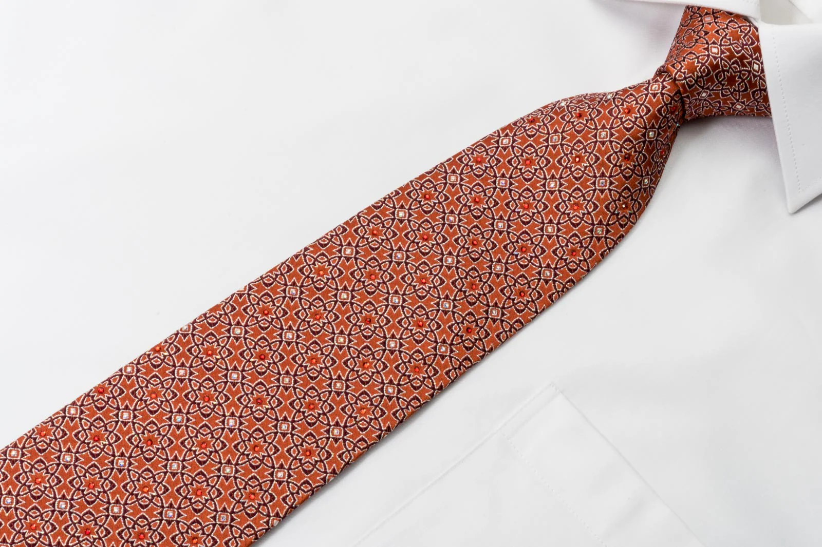 Renoma Silk Rhinestone Necktie Trellis On Burgundy Red With Silver Sparkles - Image 6