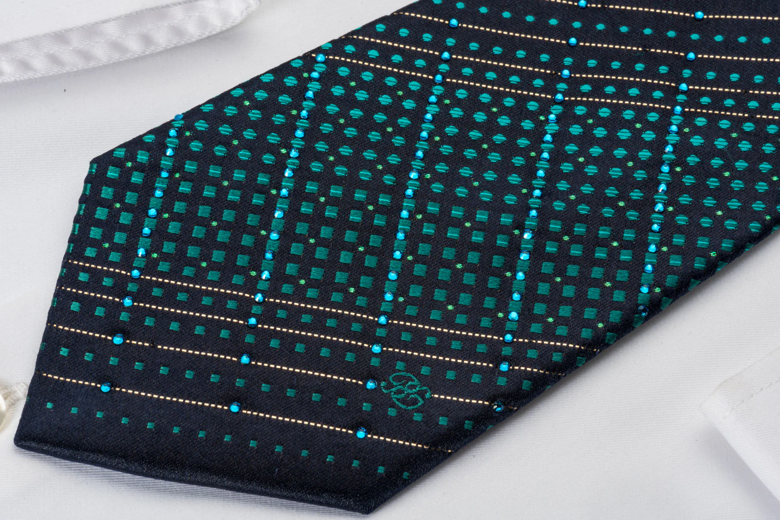 Renoma Silk Rhinestone Necktie Turquoise Geometric On Dark Blue With Silver Sparkles - Image 2