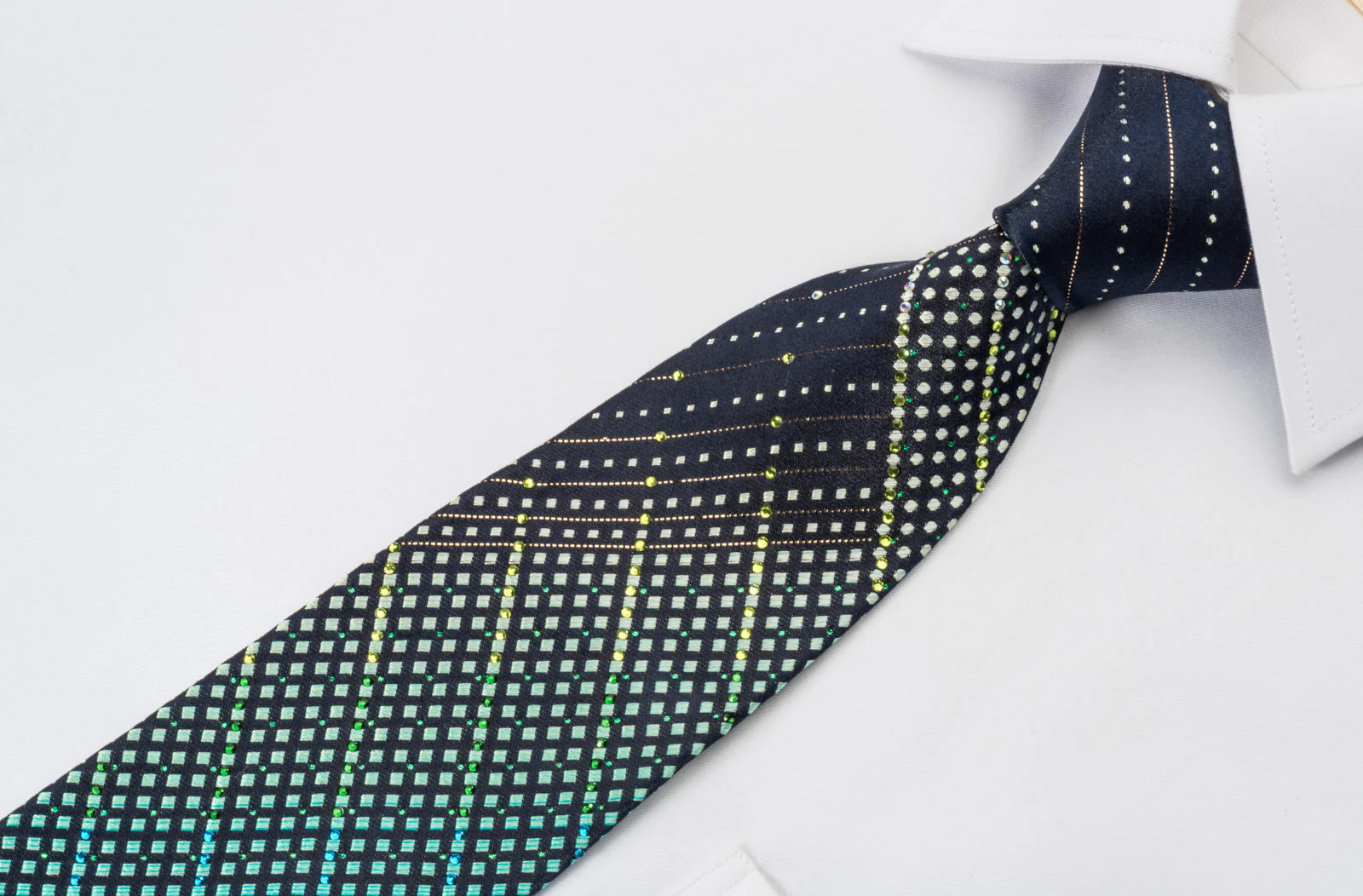 Renoma Silk Rhinestone Necktie Turquoise Geometric On Dark Blue With Silver Sparkles - Image 3
