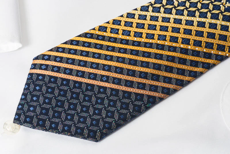 Renoma Silk Rhinestone Necktie Yellow Stripes On Blue With Silver Sparkles - Image 2