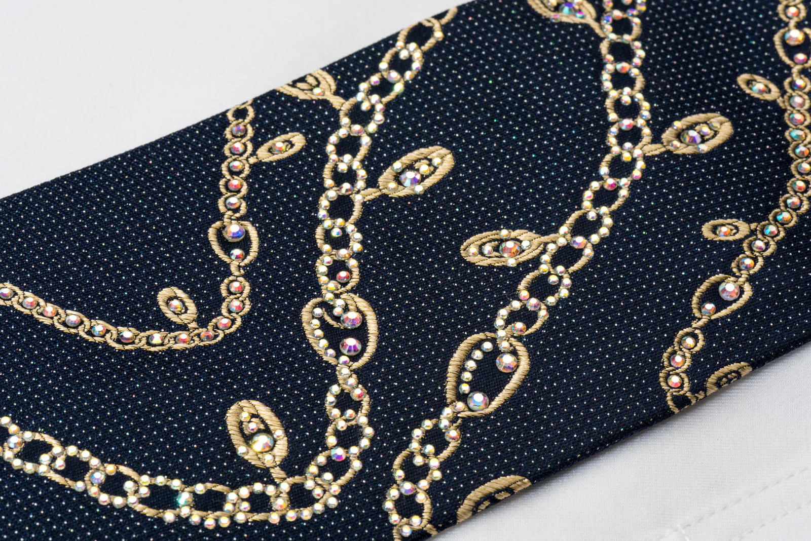 Renoma Silk Rhinestone Tie Golden Chains On Navy Blue With Silver Sparkles - Image 3