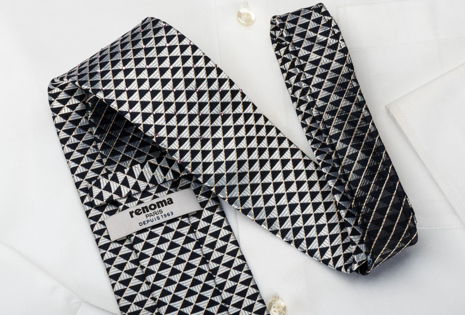 Renoma Silk Rhinestone Tie Silver Black Checkered With Silver Sparkles - Image 7