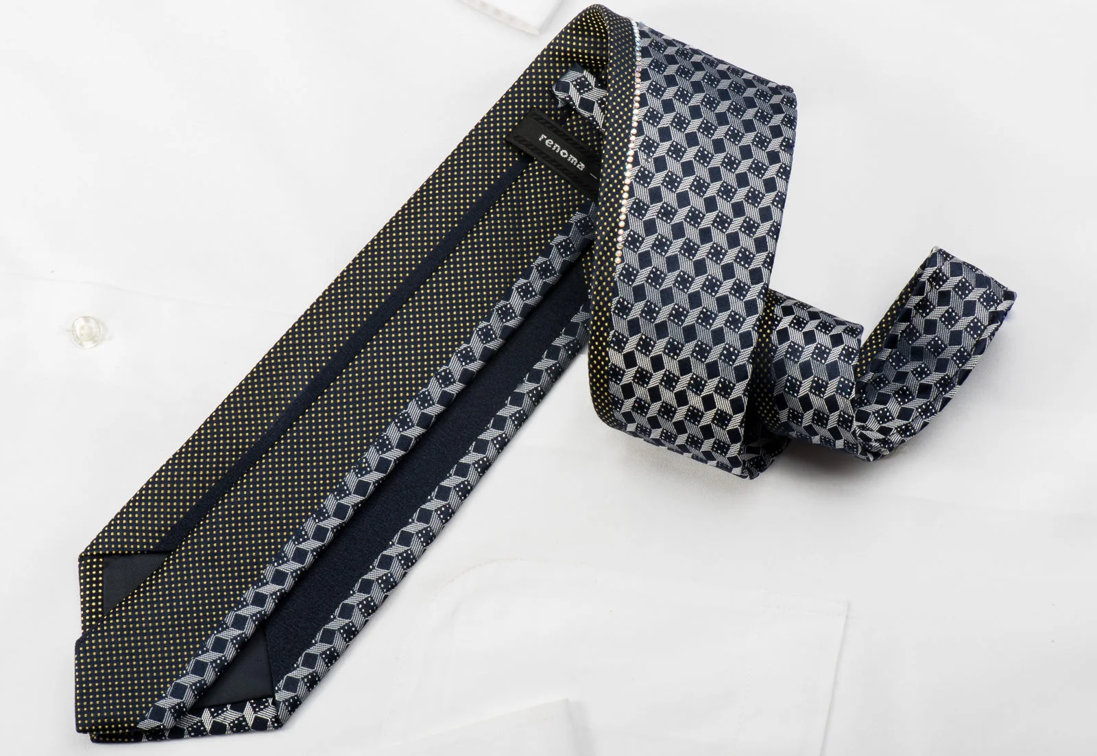 Renoma Silk Rhinestone Tie Silver Navy Geometric With Sparkles - Image 5