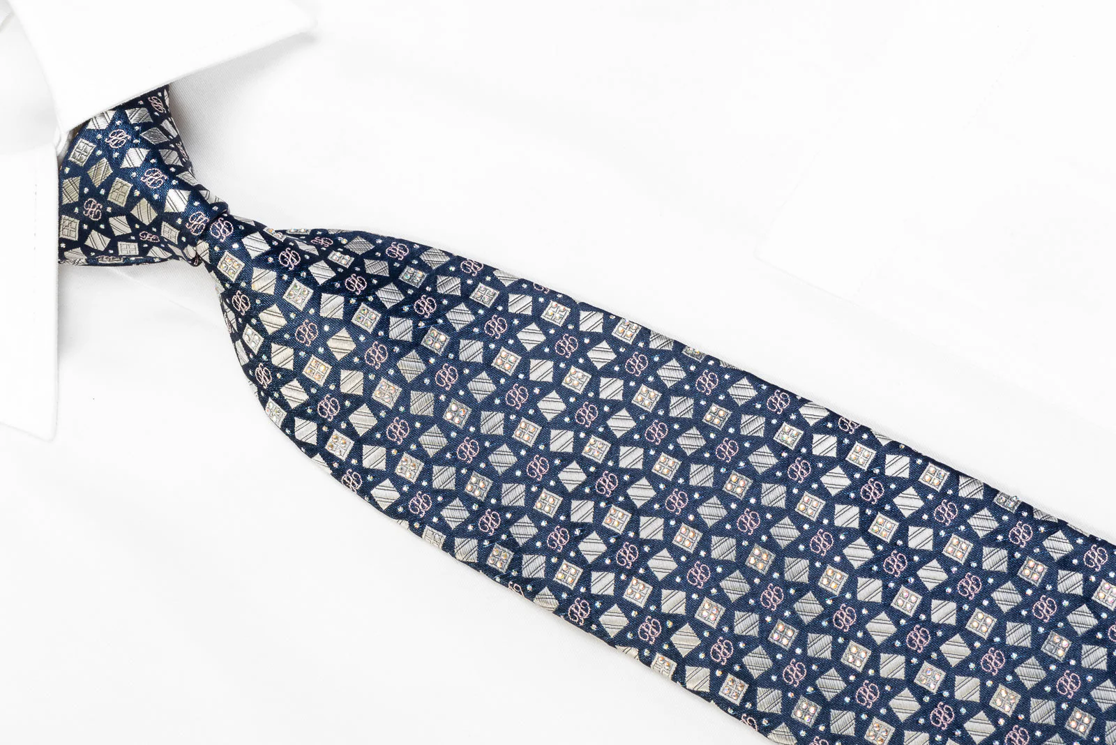 Renoma Silk Rhinestone Tie Silver Geometric Squares On Navy With Sparkles - Image 2
