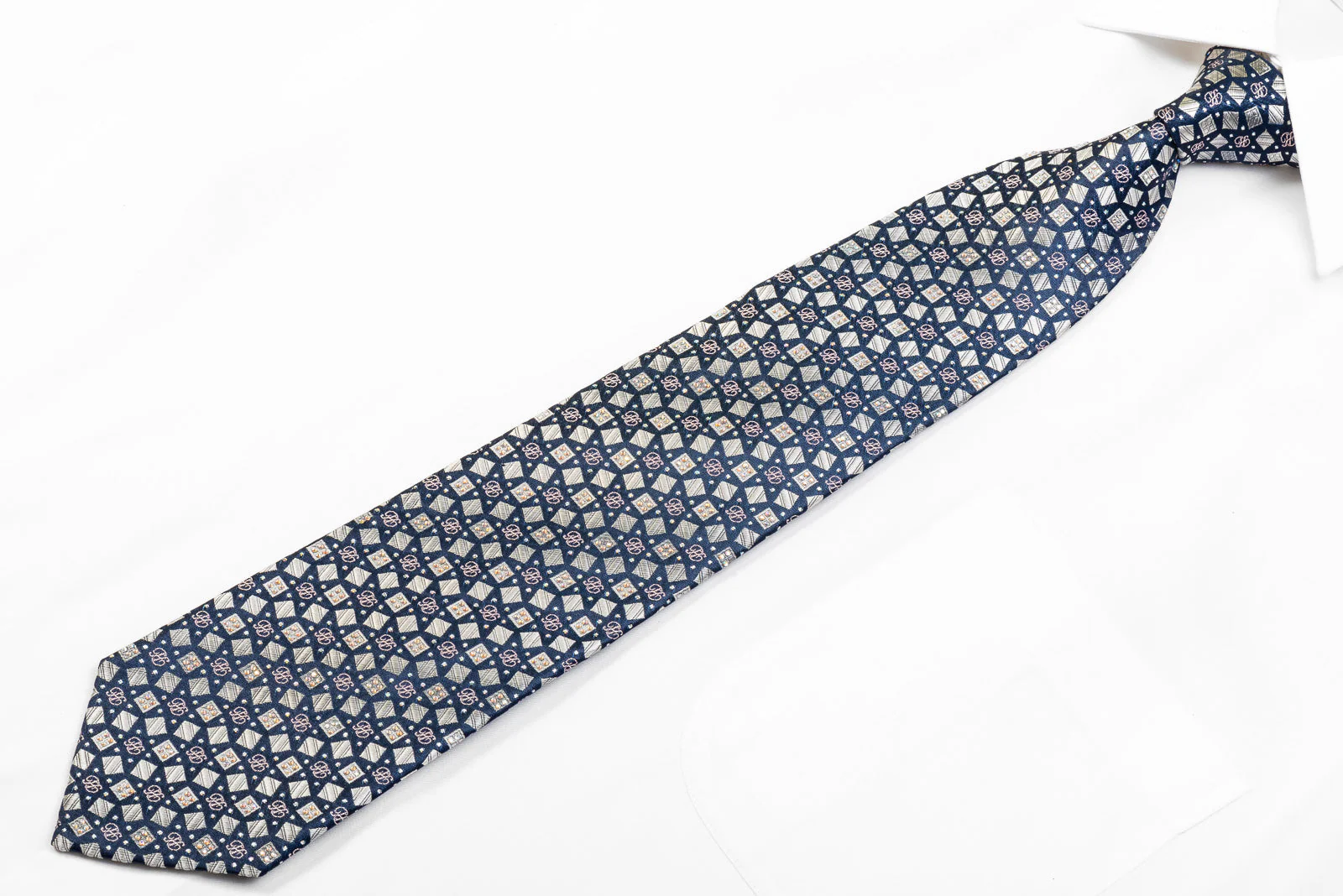 Renoma Silk Rhinestone Tie Silver Geometric Squares On Navy With Sparkles - Image 3