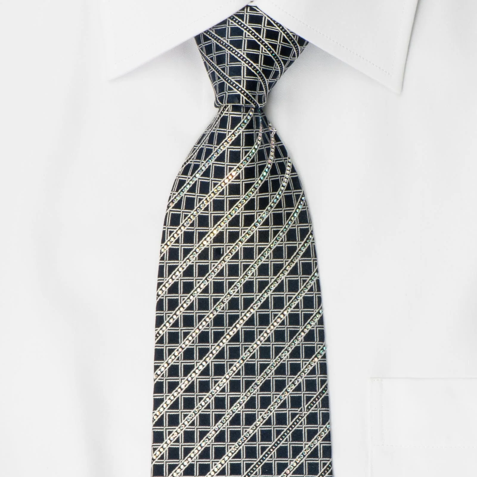 Renoma Silk Rhinestone Tie With Bling Silver Lattice Strtipes On Black With Sparkles - Image 2