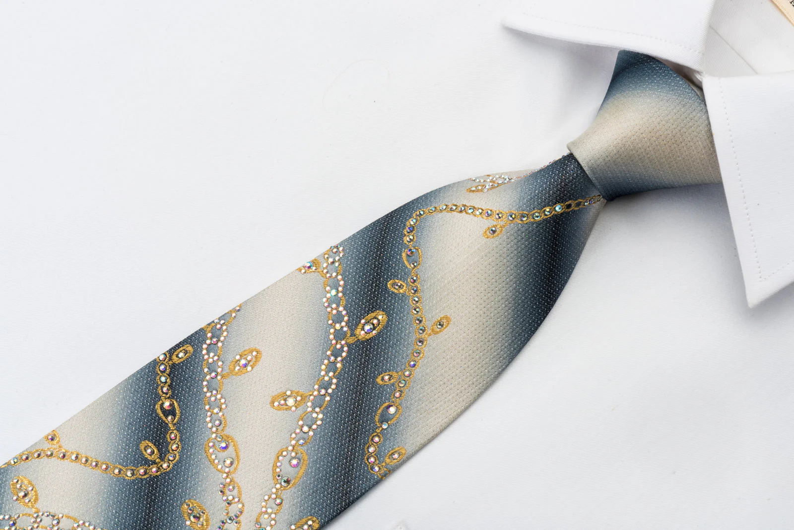 Renoma Silk Tie Golden Chains On Graduating Gray With Rhinestones - Image 4