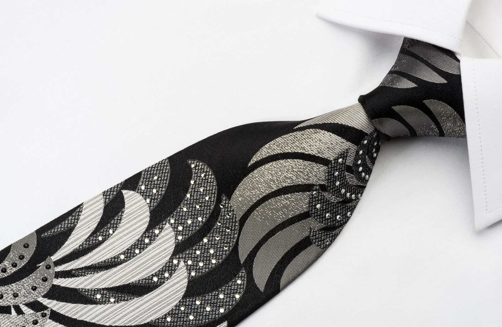 Renoma Silk Tie Novelty Silver Pattern On Black With Black Rhinestones & Silver Sparkles - Image 5