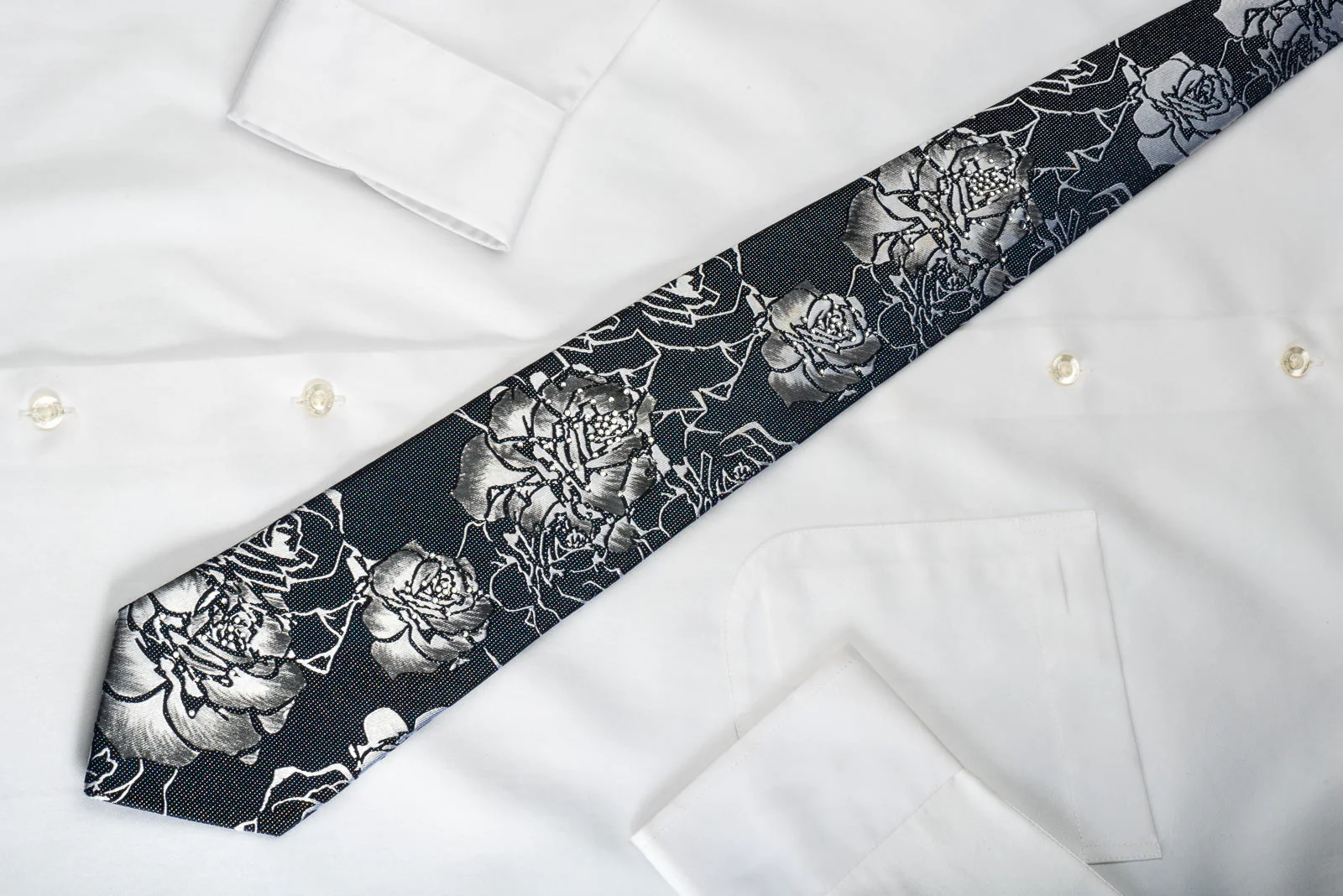 Renoma Silk Tie Silver Roses On Black Rhinestone Necktie With Sparkles - Image 5