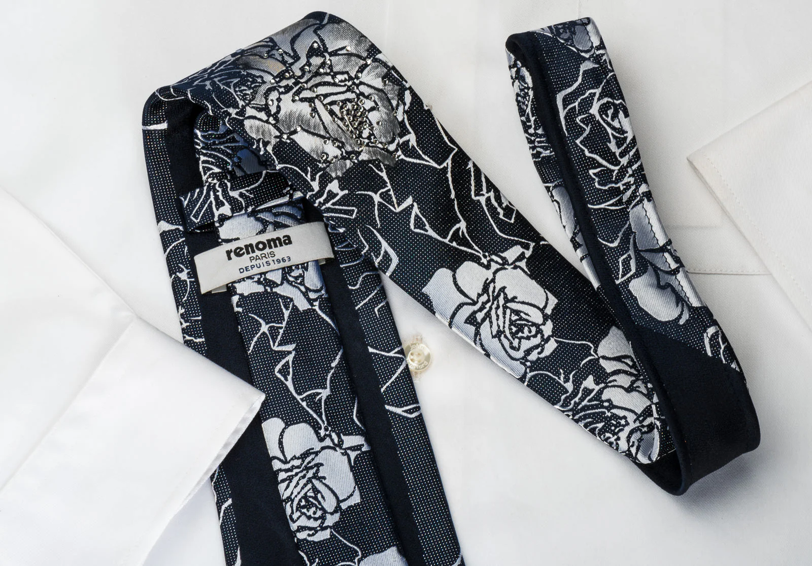 Renoma Silk Tie Silver Roses On Black Rhinestone Necktie With Sparkles - Image 6
