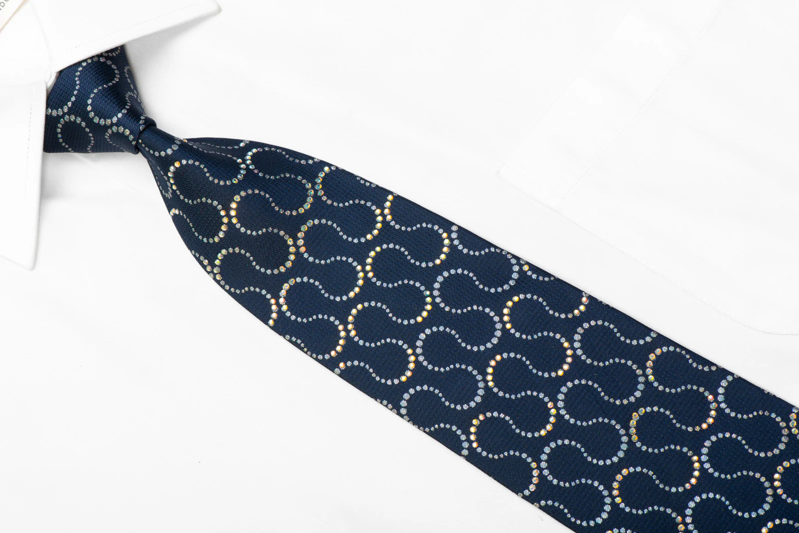 Renoma Silk Tie Silver Waves On Navy Sparkling With Rhinestones - Image 2