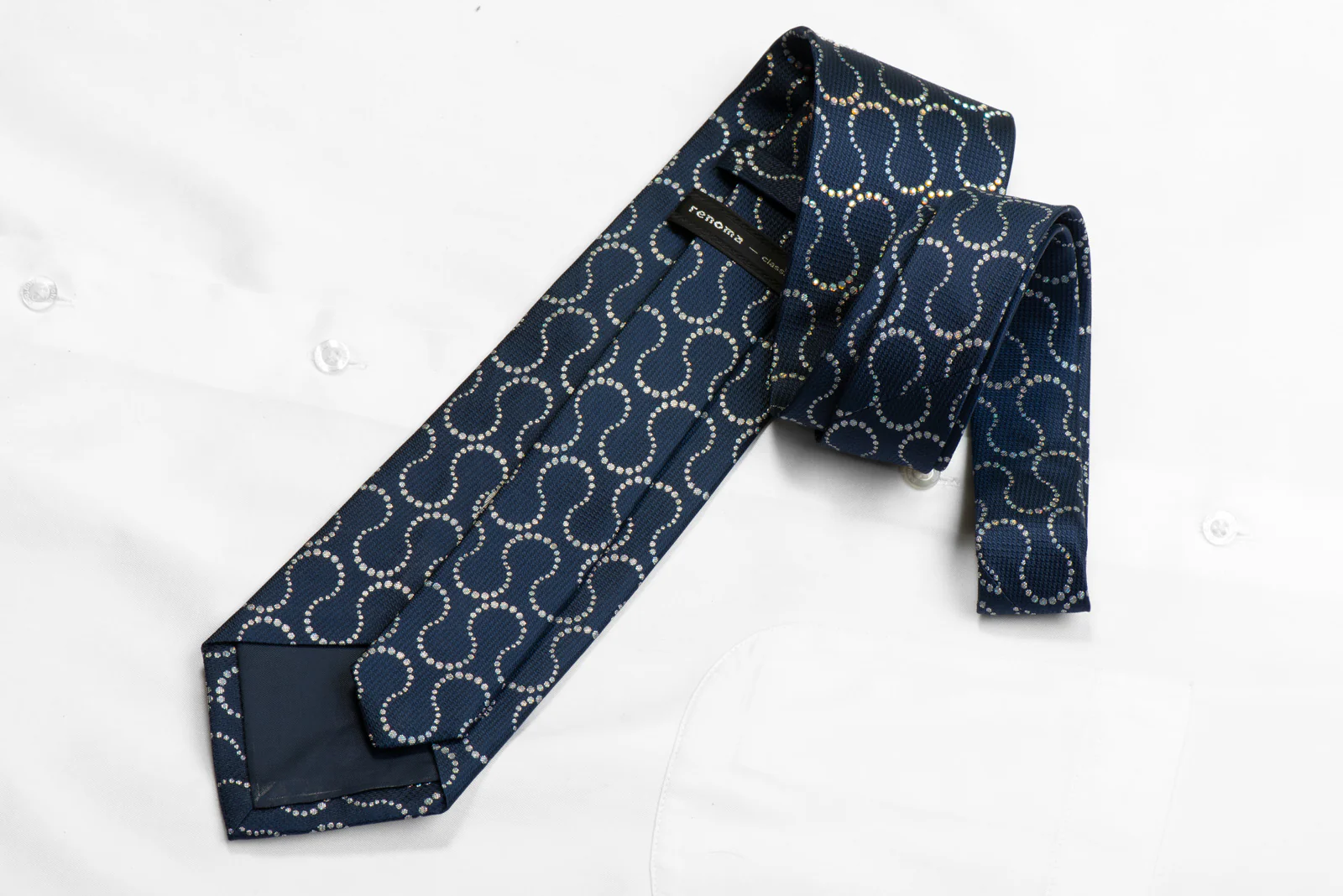 Renoma Silk Tie Silver Waves On Navy Sparkling With Rhinestones - Image 5