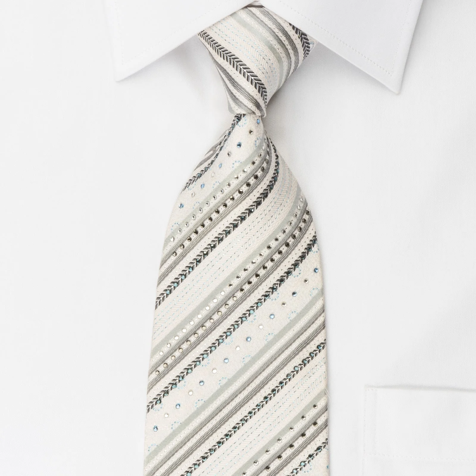 Renoma White Silk Rhinestone Tie Silver Stripes On White With Silver Sparkles
