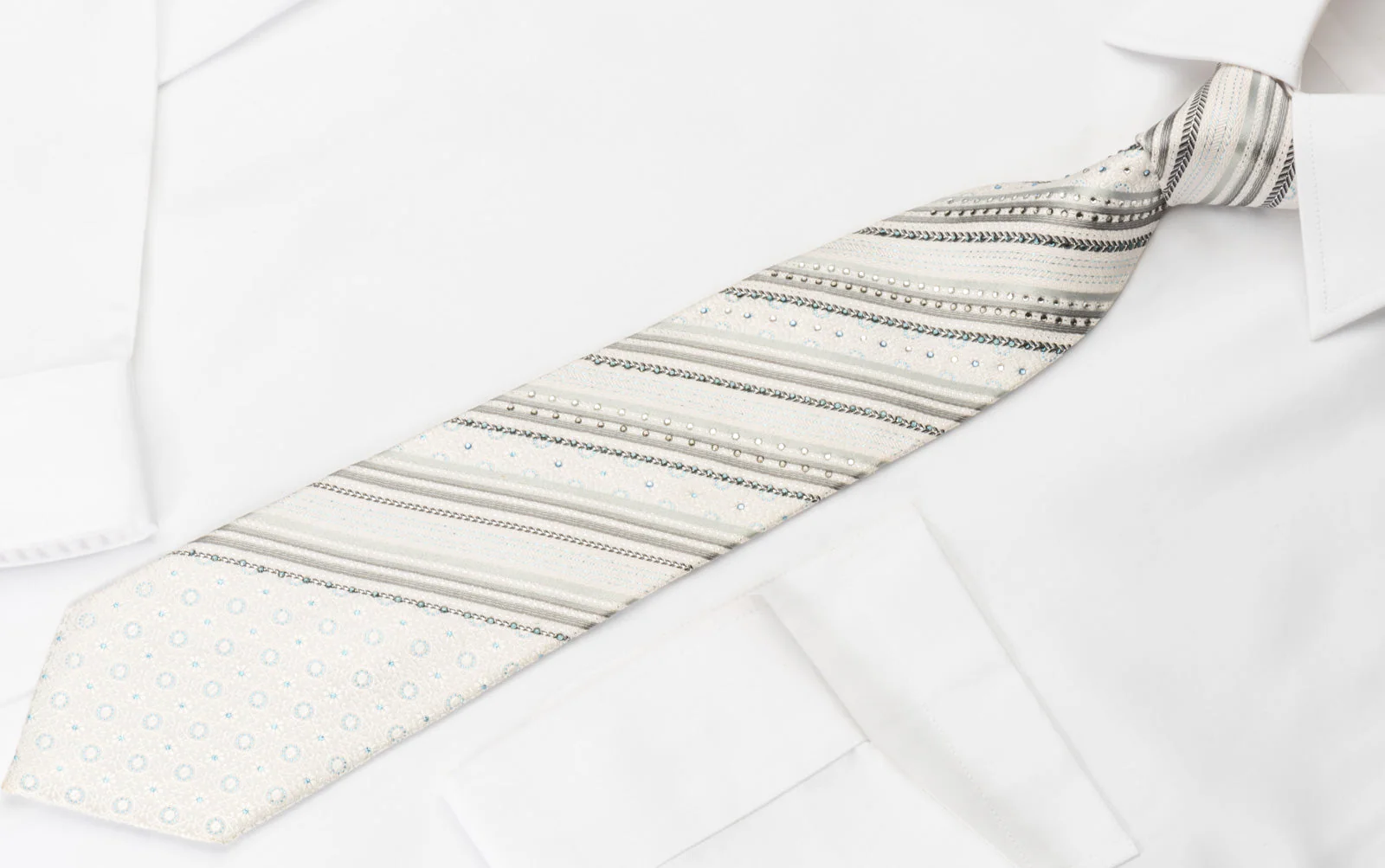 Renoma White Silk Rhinestone Tie Silver Stripes On White With Silver Sparkles - Image 2
