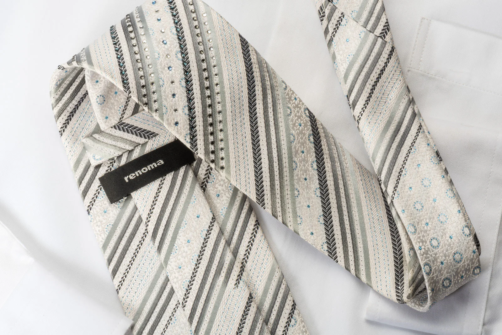 Renoma White Silk Rhinestone Tie Silver Stripes On White With Silver Sparkles - Image 6