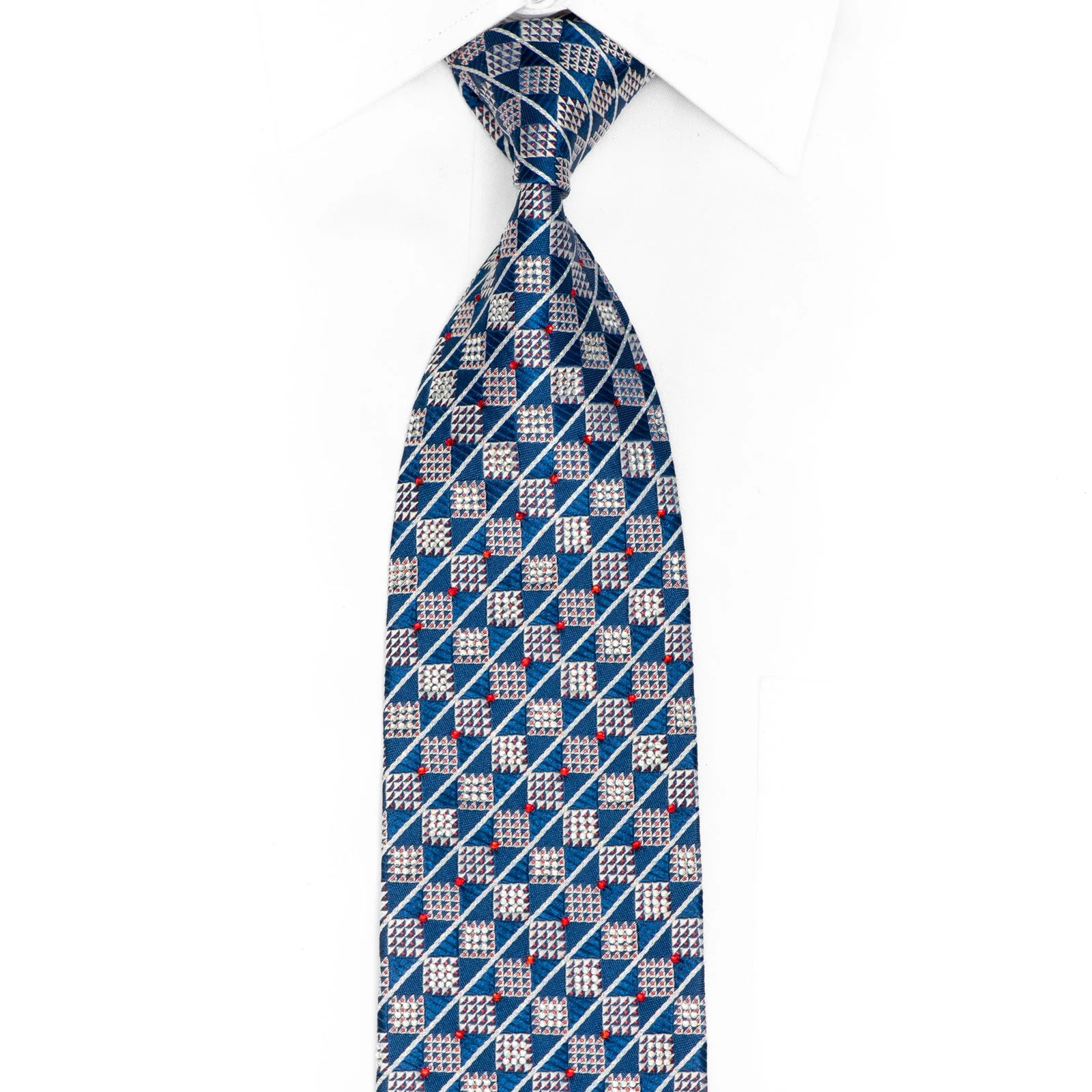 Rhinestone-Embellished Silk Necktie – Navy & Silver Checkered Weave