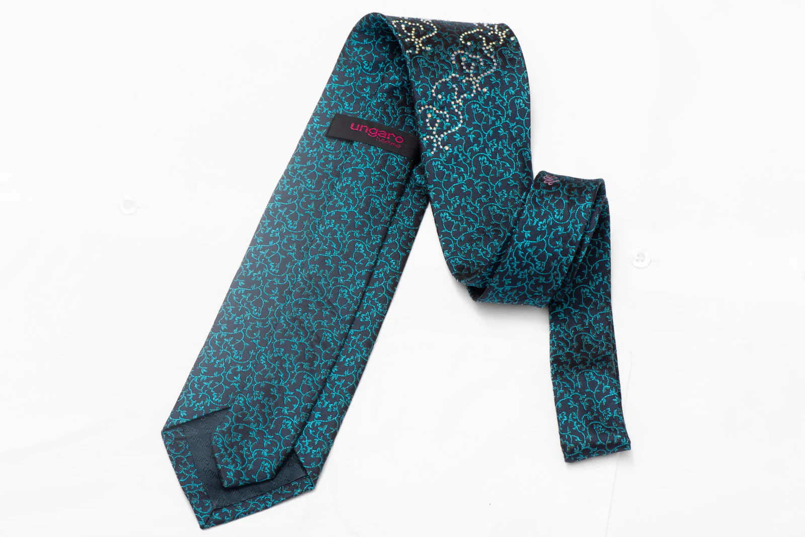 Rhinestone Scrolls & Floral On Navy Blue With Turquoise Sparkles - Image 3